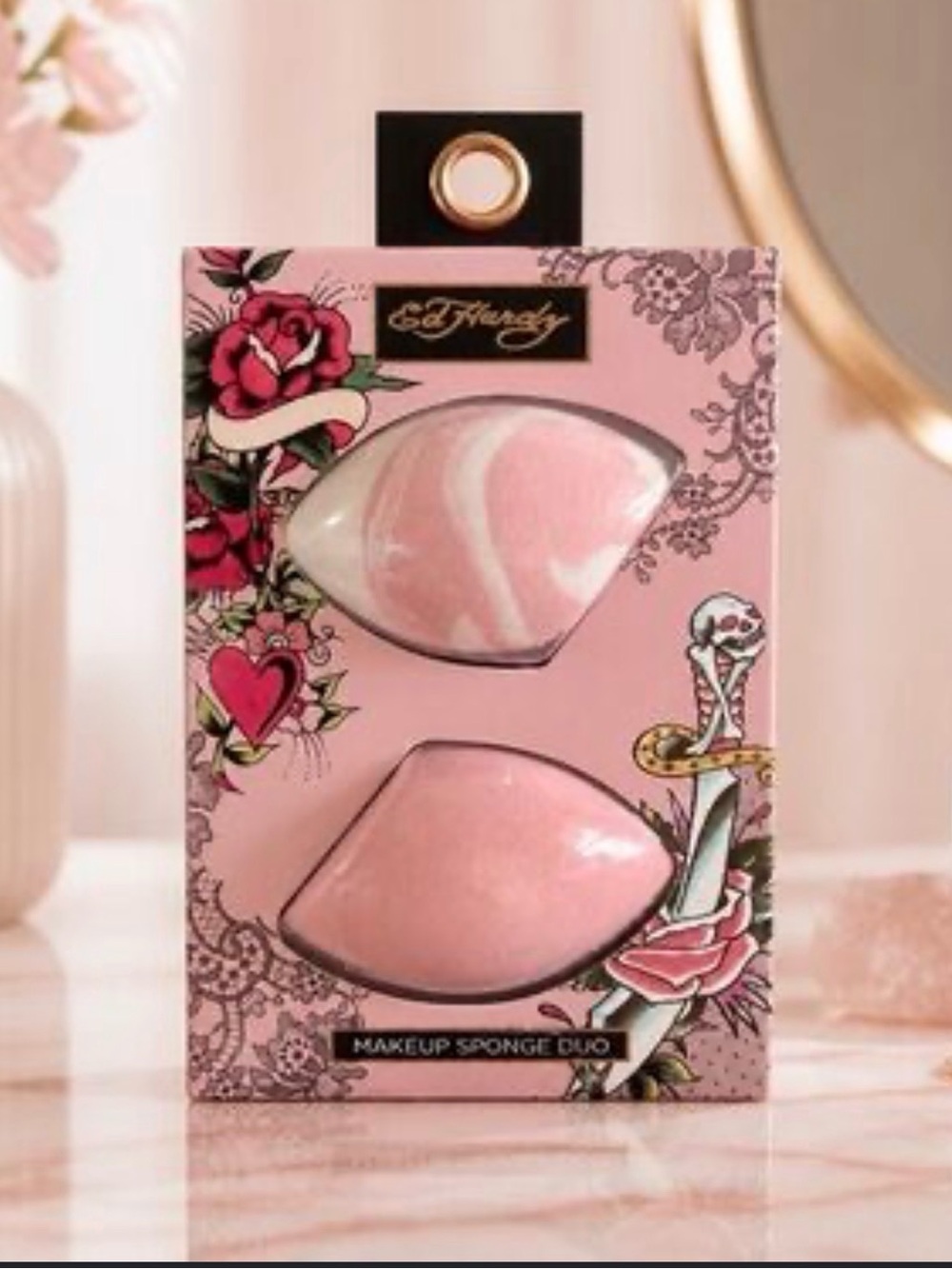 Ed Hardy Makeup Sponge Duo 2-Piece Pink Teardrop Reusable Standard Sponges